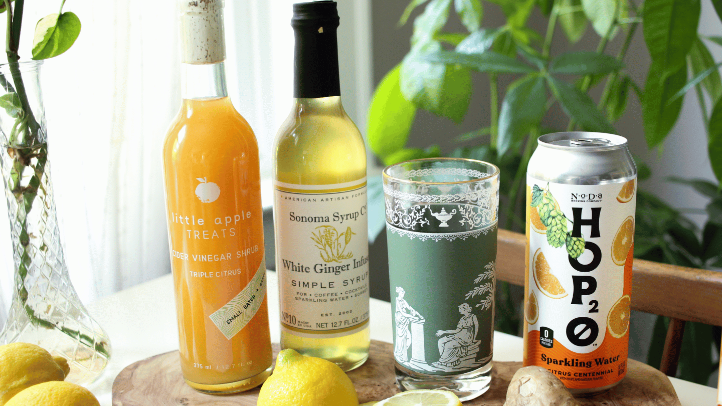 sweet/tart mocktail with ginger, citrus, and hop water